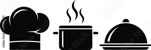 Professional Culinary Arts Vector Silhouette Featuring Chef Hat Steaming Cooking Pot and Covered Food Server Dish for Restaurant Menu and Catering Service Design