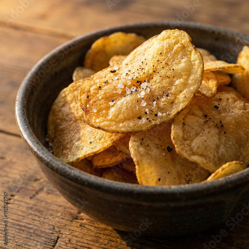 A heap of golden, hand-cooked kettle chips in a rustic dark clay bowl