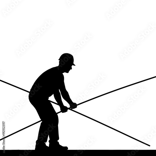 Silhouette of a Construction Worker Manipulating Metal Rods on White Background.