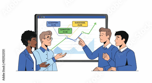 Four diverse colleagues discussing a graph on a large computer screen in a meeting with a professional and collaborative mood.