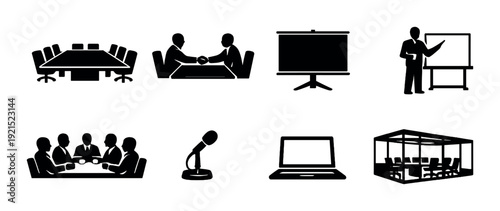 Conference and meeting icons showing boardroom and presentation tools