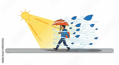 A cartoon person walks under an umbrella on a rainy day with sunshine on the side, against a clean white background with a mix of blue and yellow hues.