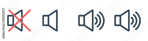 Outline icons for speaker volume control muted symbol and standard audio output with wave graphics