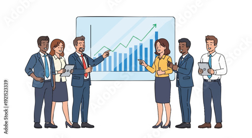 Illustration of a diverse group of business professionals discussing and analyzing a graph on a screen in a presentation setting.