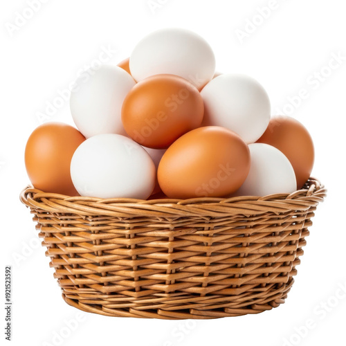 Wallpaper Mural Wicker basket filled with brown and white eggs isolated on white illustrating natural produce, farm-fresh ingredients and healthy food concept
 Torontodigital.ca