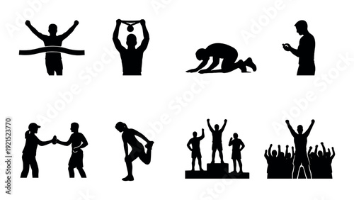 Athlete silhouettes celebrating victory and awards on dark background