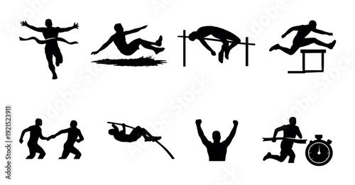 Track and field silhouettes showing various events on dark background