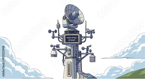 Illustration of a communication tower with various antennas and satellite dishes against a backdrop of clouds and a green hill.
