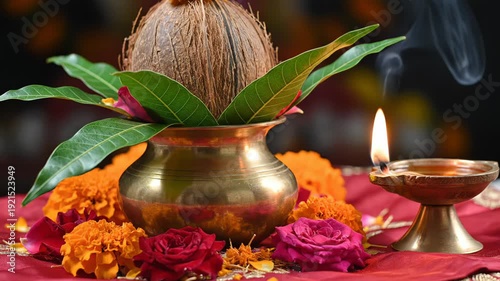 Hindu Religious Kalash Coconut Mango Leaves And Diya Oil Lamp With Marigold Flowers And Roses