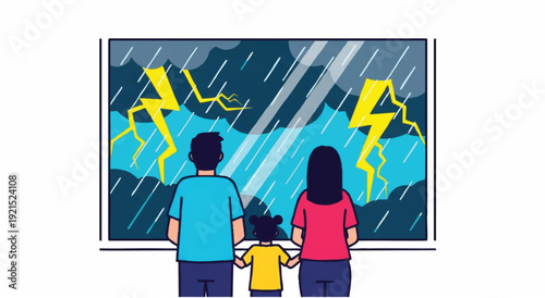 Illustration of a family watching a storm with lightning through a window from a flat perspective with a worried mood.