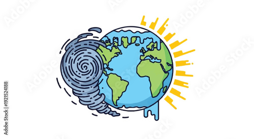 Illustration of Earth with a hurricane on one side and a sunny atmosphere on the other, symbolizing contrasting weather conditions.