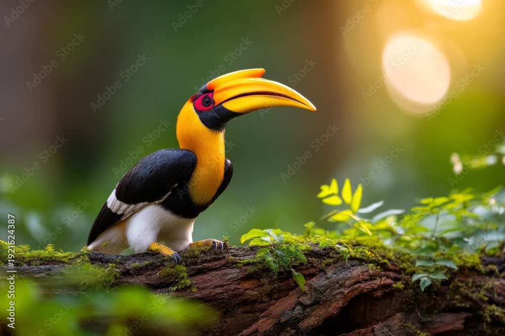 Fototapeta premium Great Hornbill Perched High in Rainforest Tree During Beautiful Bright Sunset