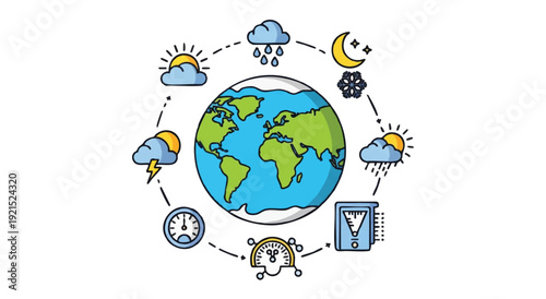 Illustration of Earth surrounded by various weather icons on a white background with a colorful and educational style.