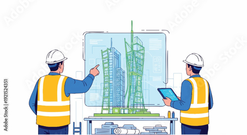 Two construction workers in yellow vests and hard hats discussing building plans on a large screen with a tablet and pointing hand.