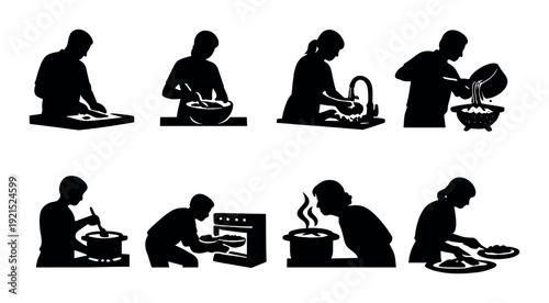 People preparing ingredients and cooking in kitchen setting