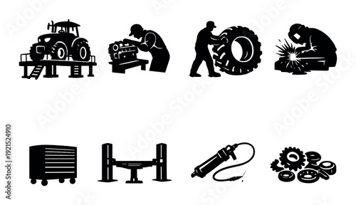 Tractor repair and maintenance workers operating in workshop