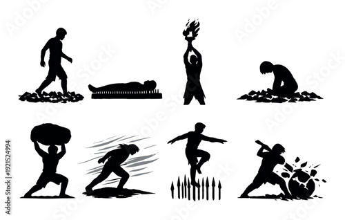 Silhouetted figures performing obstacle tasks on dark background