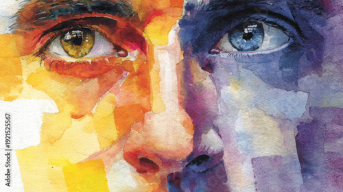 Mosaic of faces morphing men and women concept. Vibrant watercolor portrait showcasing emotional expression.