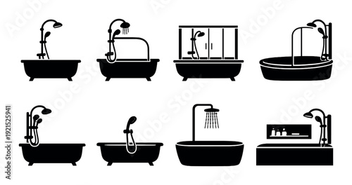 Assorted bathtub and shower silhouettes displayed on dark background