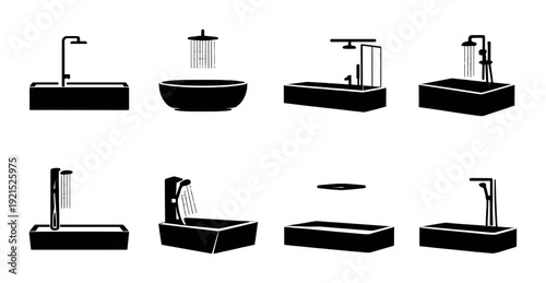 Modern bathtubs and showers with illuminated rims on dark background