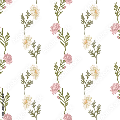 Vertical stripe of carnation and daisy flower seamless pattern. Hand drawn floral pastel design with coquette vintage feel. Great for textile and wallpaper. Perfect for bed linen and kids decor.