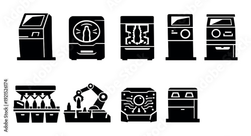 Bottle filling and packaging machines in factory setting