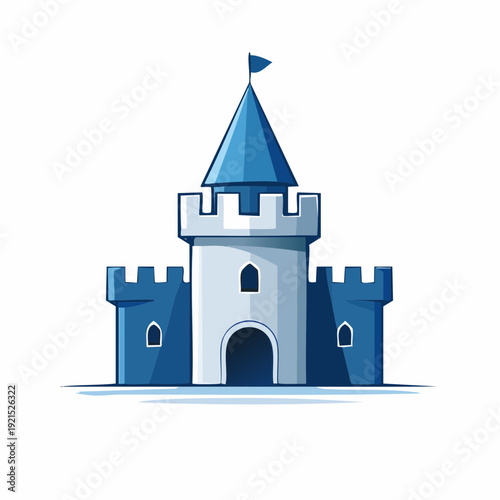 Medieval castle illustration with towers and flag on white background