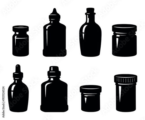 Assorted bottles and jars arranged in grid on dark background