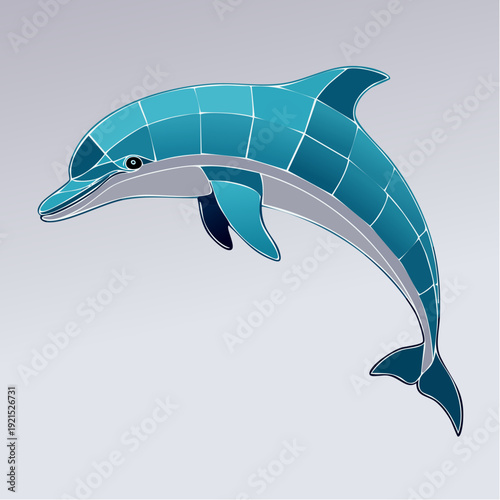 Abstract blue dolphin with geometric pattern on grey background
