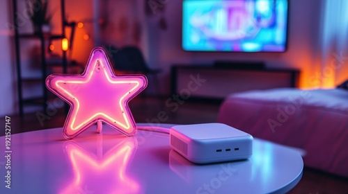 pink star neon lamp and small white electronic device on glossy round table in cozy purple-blue living room with blurred TV and soft dreamy mood