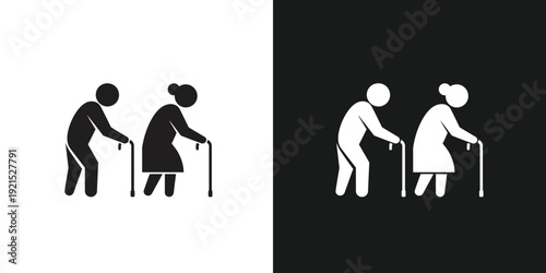 Elderly couple walking together with canes, supporting each other, vector illustrations on contrasting backgrounds, simple graphic style