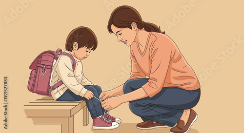 Mother helping young son tie his shoelaces before school