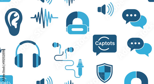 Hearing and Audio Seamless Pattern with Ear, Headphones, Microphone and Captions Icons