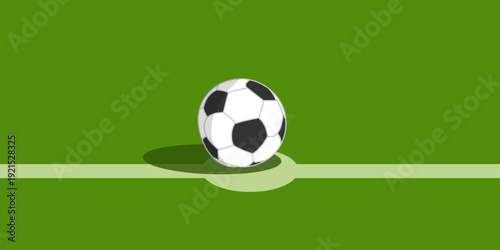 Classic soccer ball on a white center line of a green football pitch, vector illustration.