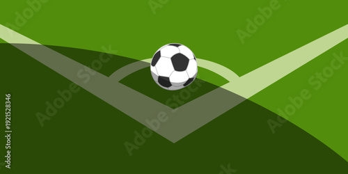Soccer ball placed on the white corner line of a green grass football pitch. Minimalist vector illustration of a football field background, perfect for sport competition announcements and championship