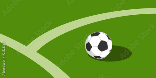 Soccer ball on the corner line of a green football pitch, minimalist vector illustration.