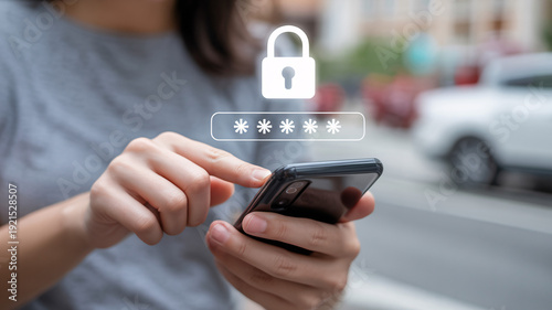 Woman securing her smartphone with password for enhanced mobile security and privacy