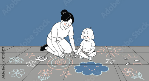 Mother and young daughter drawing sun and flowers with sidewalk chalk