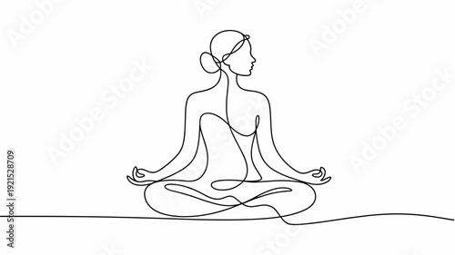 Continuous one line drawing of a woman sitting in a lotus yoga pose for meditation, a minimalist black and white sketch representing wellness, mindfulness, and inner peace