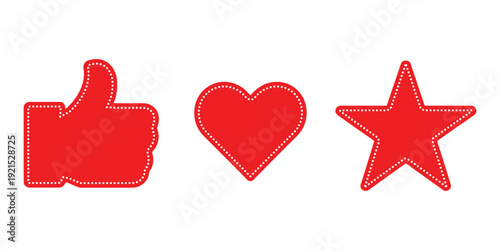 Social media reaction icons including like, love, and favorite represented by red thumbs up, heart, and star symbols on a simple background viewed from a straightforward perspective