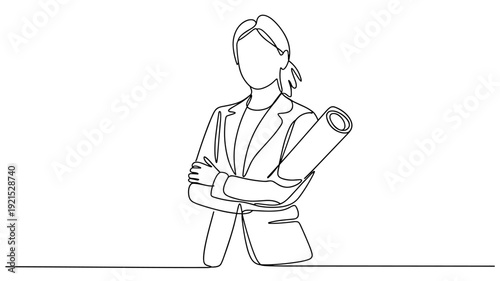 Single continuous line drawing of young female architect holding blueprint paper pose cross arms. Professional work job occupation. Minimalism concept one line draw graphic design vector illustration