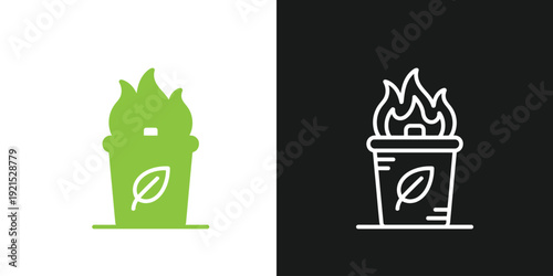 A simple, stylized illustration of a burning trash can with a leaf, symbolizing environmental concerns, presented in dual-toned white and green color scheme on a contrasting background