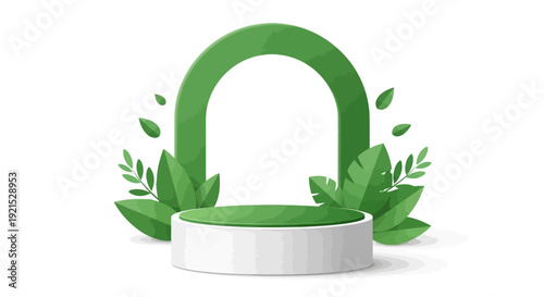 Green archway with leaves on a white podium.