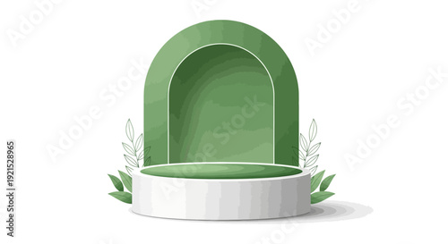 3D rendering of a minimalist green arch podium with white base and leaves.