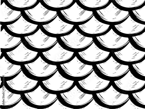 Black and white repeating pattern of stylized fish scales or reptile scales texture