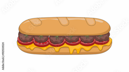 Cartoon meatball sub sandwich with melted cheese and tomato slices white background