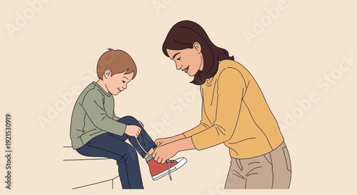 Mother helping young son tie his red sneaker shoes at home