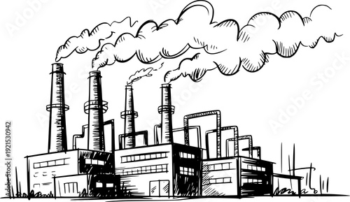 Hand Drawn of Industrial Factory Smokestacks Emitting Smoke a White Background chimney