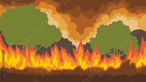 Of a forest fire with green trees engulfed in flames and smoke wildfire