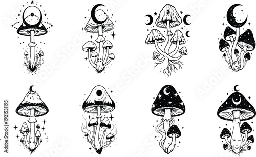 Set of mystical mushroom illustrations featuring celestial elements and spiritual symbols in a vintage tattoo style